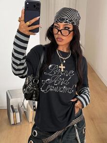 Coolane 女款 2 合 1 條紋 T 恤，正面熱轉印草體英文印花，街頭時尚簡約酷感機車風，Y2K 學院風返校校園穿搭社團服飾，青少年休閒風格 - 彩色 - 查看 6
