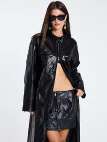 MUSERA Black PU Long Line Zip Detail Maxi Coat Jacket Fall Winter Women Outfit Casual - Black - View 4