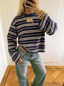 SHEIN EZwear 女款休閒圓領寬鬆長袖條紋T恤，街頭風秋季上衣，適合日常通勤、聚會、夏季、聖誕節、新年、感恩節、派對、婚禮、海灘、出遊、約會、情人節，優雅度假Y2K風格 - 彩色 - 查看 7
