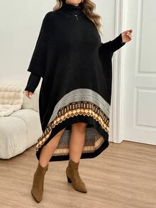 SHEIN CURVE+ فستان كنزة بياقة عالية من الجاكار بألوان متباينة مقاس كبير - متعدد الألوان - مشاهدة 3