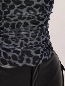 SHEIN ICON 大尺碼女款蕾絲拼接豹紋細肩帶背心 - 灰色 - 查看 9