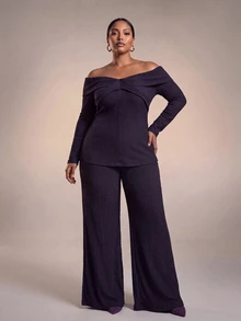 Zivah Spring/Summer Women's Plus Size New Bold, Classy Feminine Style Tummy Control Fit Breathable Elegant Romantic Classic Earthy Yellow Textured Knit Tie-Front Blouse And Long Wide-Leg Pants Set - Purple - View 6