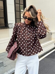 SHEIN Frenchy Jaket Wanita Lengan Panjang Berkerah Kancing Motif Polkadot Cokelat, Cocok untuk Dipakai di Musim Gugur, Mantel Musim Dingin Wanita, Atasan Motif Polkadot - Coklat - View 1