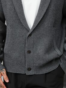 Manfinity CasualCool Solid Color Vertical Ribbed Texture Men's Knit Cardigan With Stand Collar And Zipper Closure, Business Casual Long Sleeve Sweater - Black - View 6