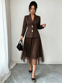 Elenzga Women's Fashion Elegant Long Sleeve Asymmetric Metal Button Double Pocket Blazer And Elastic Waist Sun-Pleated Mesh Skirt Suit Set, Suitable For Daily Commute Wear - Brown - View 5