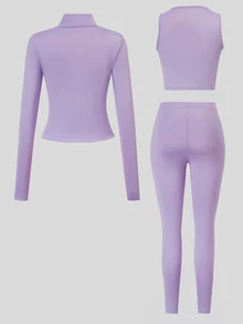 SHEIN 女孩風紫色3件套秋季穿搭，立領夾克＋細肩帶背心＋緊身褲，完整日常套裝，修身健身運動風 - 淡紫色 - 查看 2