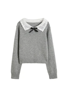 Elamini Women's Gray Casual Versatile Sweet Preppy Style Daily Commute Pullover Sweater With Turn-Down Collar, Autumn/Winter - Grey - View 3