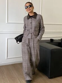 DAZY Women's Brown Plaid Lapel Button Pocket Long Sleeve Cropped Jacket With Matching High Waist Loose Wide Leg Long Pants 2 Pieces Set - Black - View 6