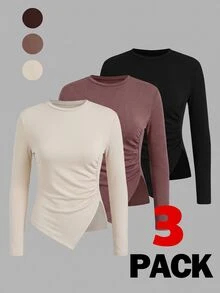 SHEIN BASICS 3-Pack Women's Solid Crew-Neck Long-Sleeve Ruched Side-Slit Casual T-Shirt - Multicolor - View 12