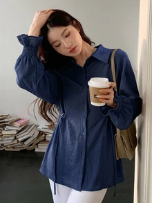 DAZY 女款純色長袖側綁帶收腰休閒通勤襯衫 - 藍色 - 查看 4