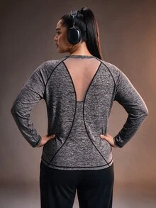 Powerista تي شيرت رياضي نسائي مقاس كبير بياقة دائرية وظهر مفتوح وأكمام طويلة فضفاض ومريح - الأسود - مشاهدة 2