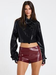 MUSERA Jaket Hitam PU dengan Detail Kerah Berkerut untuk Wanita, Pakaian Kasual Musim Gugur dan Musim Dingin - Hitam - View 1