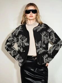 Aveloria Modichic Women's Jacket Loose Straight Embroidered Single-Breasted Round Neck Modern Black Large White Leaf Embroidery Fall Clothes For Women Autumn Outfit - Black - View 5