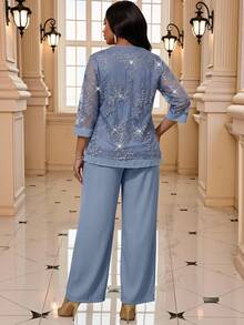 SHEIN Lady Women's Contrast Lace 2 In 1 Top And Pants Elegant Set - Blue - View 2