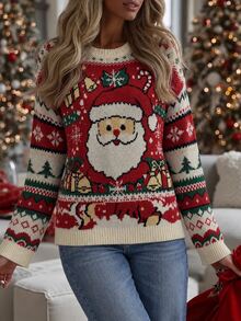 SHEIN Women's Autumn/Winter Casual Christmas Pattern Crew Neck Long Sleeve Knit Pullover Sweater - Multicolor - View 4