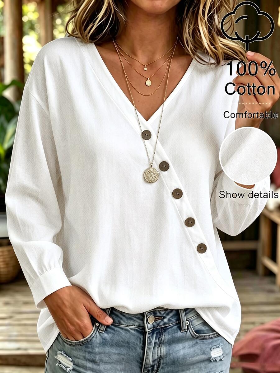 Velvienne Women's Plus Size V-Neck Long Sleeve Asymmetrical Hem Top, Casual Outing Blouse, Autumn/Winter Fall - White - View 1