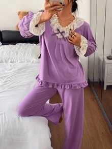 DAZY Women's Contrast Lace Ruffle Long Sleeve Top And Long Pants Pajama Set - Purple - View 3
