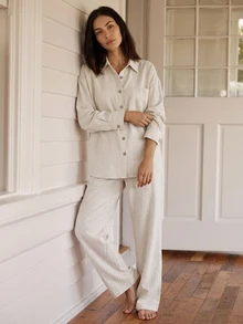 Livesso Women's Solid Color Single-Breasted Long Sleeve Top And Pants Casual Daily Loungewear Set - Beige - View 7
