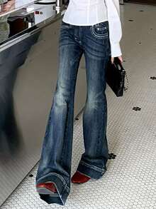 DAZY Women's Dark Blue Washed Distressed Low Waist Contrast Stitch Pocket Slim Fit Flared Denim Jeans - Blue - View 4
