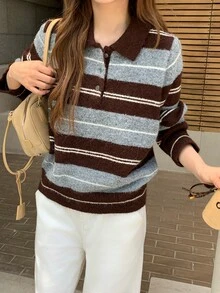 DAZY Women's Collared Striped Korean Style Long Sleeve Sweater - Multicolor - View 4