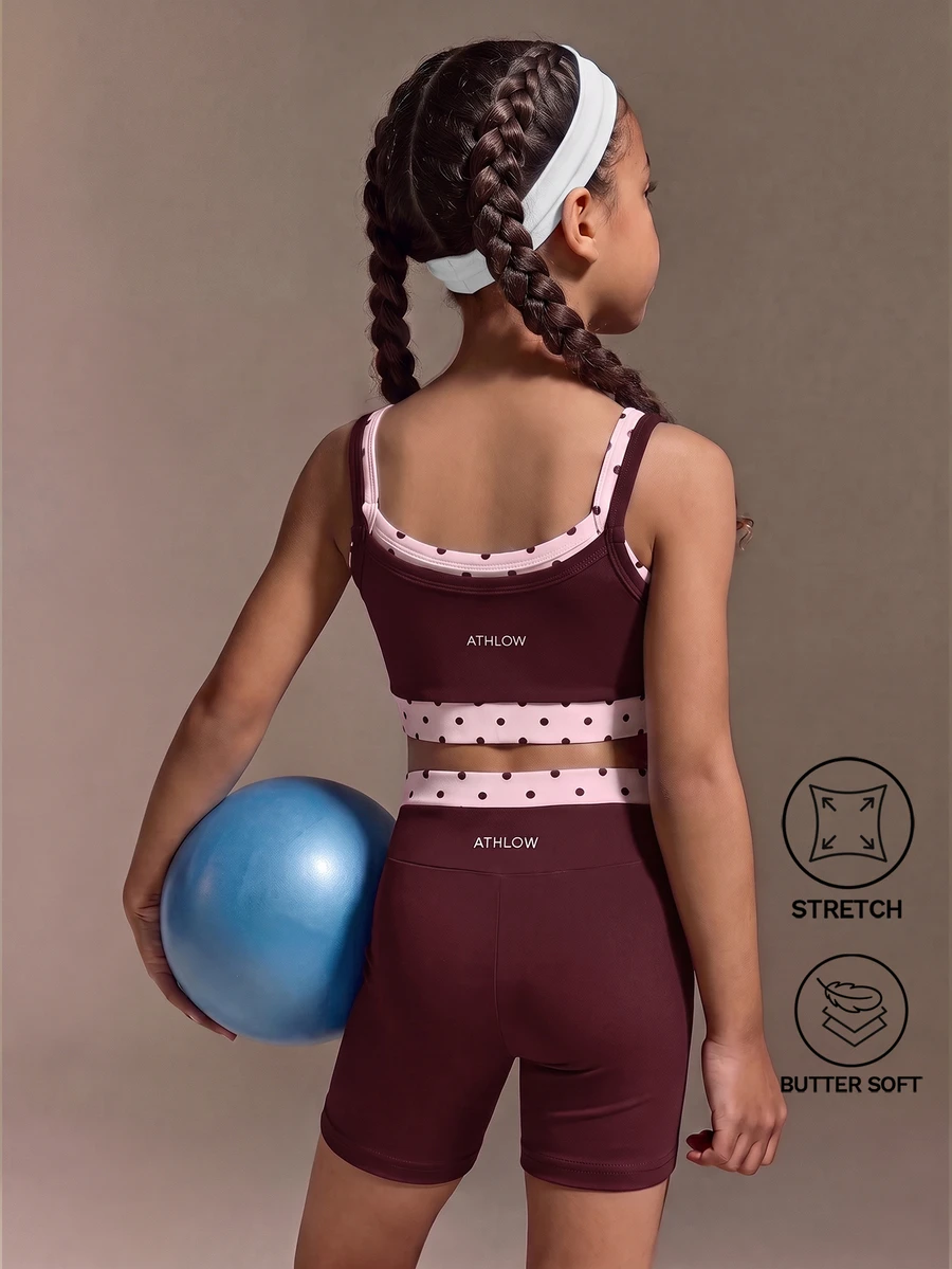 SHEIN 女童運動套裝,棕色配藍色條紋元素印花,2合1設計,時尚風格,日常穿著,運動休閒,街頭風初秋新品 - 酒紅色 - 查看 1