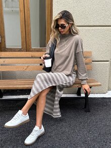 SHEIN LUNE Women's Casual Commute 2 Pieces Set Long Sleeve Striped Basic Fashion Outfit For Autumn/Winter - Multicolor - View 1