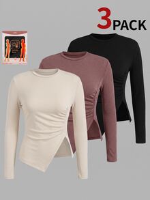 SHEIN BASICS 3-Pack Women's Solid Crew-Neck Long-Sleeve Ruched Side-Slit Casual T-Shirt - Multicolor - View 2