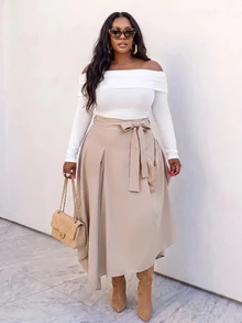 Slaydiva Plus Size Women's Skirt, Khaki Tie Waist Asymmetrical Slit Flowy Midi Skirt Fall - Khaki - View 7
