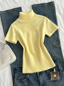Sweetra Minimalist Cream Yellow Turtleneck Cropped Knit Top - Yellow - View 1
