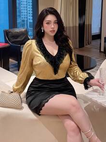 Vibekara Plus Size Elegant Long Sleeve Deep V-Neck Blouse - Gold - View 3