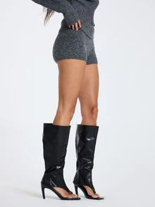 MUSERA Grey Knitted Fold Over Micro Mini Shorts Fall Winter Women Outfit Casual - Dark Grey - View 2