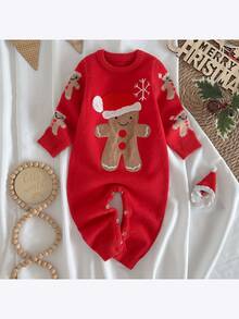 Loomiva .Kids Baby Boy Casual Christmas Gingerbread Man Christmas Snowflake Pattern 3D Design Christmas New Year Red Comfortable Autumn Winter Sweater Romper - Red - View 6