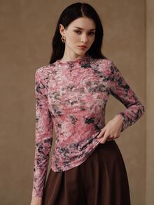 Anewsta Pink Floral Ruffle Collar Mesh Fitted Long Sleeve Soft Style Versatile Layering Women's Top T-Shirt - Pink - View 4