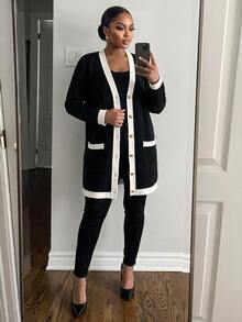 SHEIN Lady Plus Size Striped Colorblock Button Long Sleeve Knit Cardigan - Black - View 7