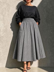 Linhara CURVE Round Neck Long Sleeve A-Line Skirt With Pockets Waist-Cinching Plaid Patchwork Long Dress - Black - View 1