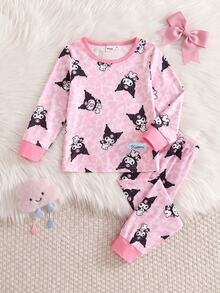 HELLO KITTY AND FRIENDS | SHEIN 女童卡通印花長袖上衣與長褲休閒日常居家睡衣套裝 - 粉色 - 查看 1