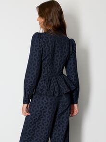 Nöista Navy Blue Geometric Jacquard Chinese Top, Slim Fit, Ruffled , Elegant, Parties Banquets.Fall/Winter,Going Out,Chic.Classic,Casual - Navy Blue - View 7