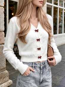 Cévolie Women's Bow-Knot Button Casual Versatile Daily Wear Cardigan - White - View 1