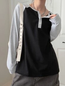 FRIFUL Women's Colorblock Round Neck Button Loose Long Sleeve T-Shirt Everyday School Black Autumn Casual - Grey - View 5