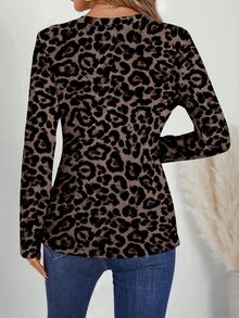 EMERY ROSE Leopard Print V-Neck Slim Fit Fashion Long Sleeve T-Shirt - Multicolor - View 2
