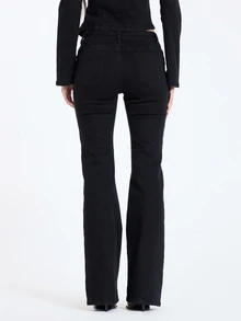 MUSERA Black Denim Button Detail Flare Jean Fall Winter Women Outfit Casual - Black - View 4