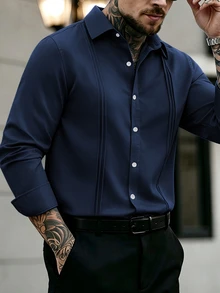 Manfinity Mode 男士白色修身百褶商務長袖襯衫 - 寶藍色 - 查看 4