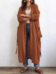 Linhara CURVE 女款長版休閒亞麻外套，適合外出與通勤的休閒外衣 - 珊瑚橙 - 查看 6