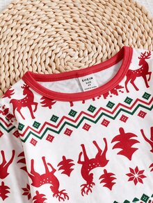 SHEIN 女童新年聖誕馴鹿方格連續圖案修身居家服 - 彩色 - 查看 5