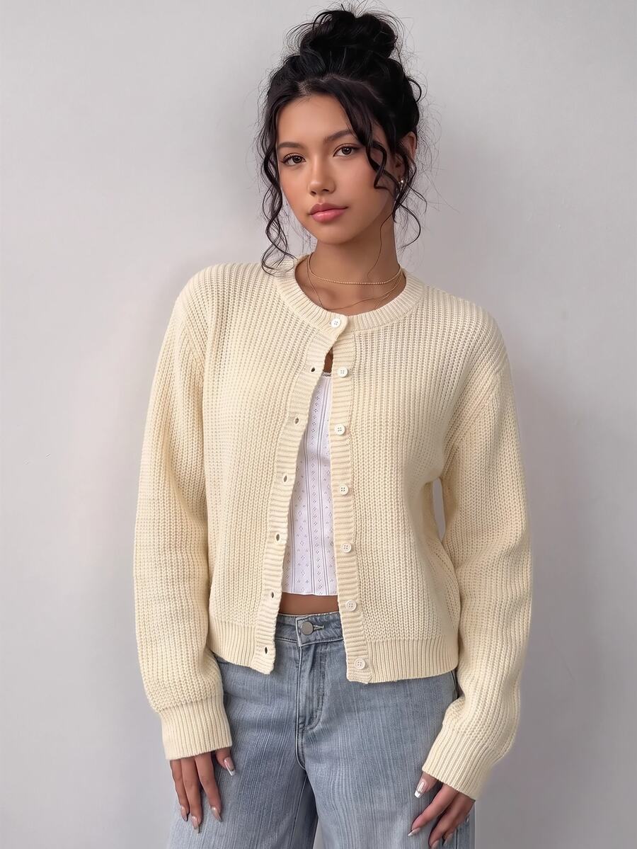 SHEIN Cardigan Rajut untuk Remaja Perempuan - Kasual, Warna Polos, Leher Bulat, Lengan Panjang, Desain Longgar Pendek, Hangat dan Nyaman, Modis dan Nyaman, Cocok untuk Perjalanan Sehari-hari - Khaki - View 1