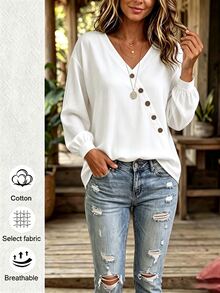 Velvienne Women's Plus Size V-Neck Long Sleeve Asymmetrical Hem Top, Casual Outing Blouse, Autumn/Winter Fall - White - View 4