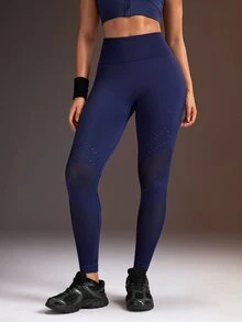 Powerista Women's Solid Color Hollow Design Fashion Tight Fit Sports Leggings - Navy Blue - View 4