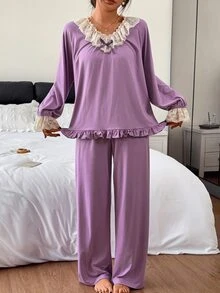 DAZY Women's Contrast Lace Ruffle Long Sleeve Top And Long Pants Pajama Set - Purple - View 7