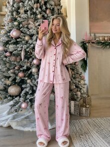 Livesso Women's Bow Print Single-Breasted Long Sleeve Top And Pants Pajama Set - Pink - View 5