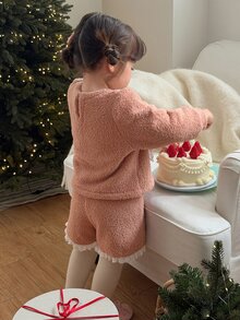 DAZY Infant (Girl) Round Neck Long Sleeve Fleece Jacket Set - Baby Pink - View 2